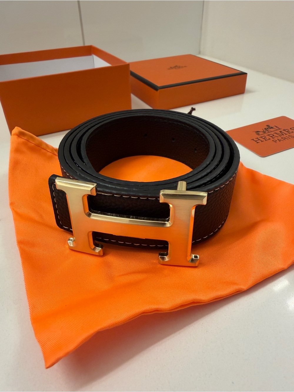 Men's Black Reversible Leather Belt with Gold H Buckle